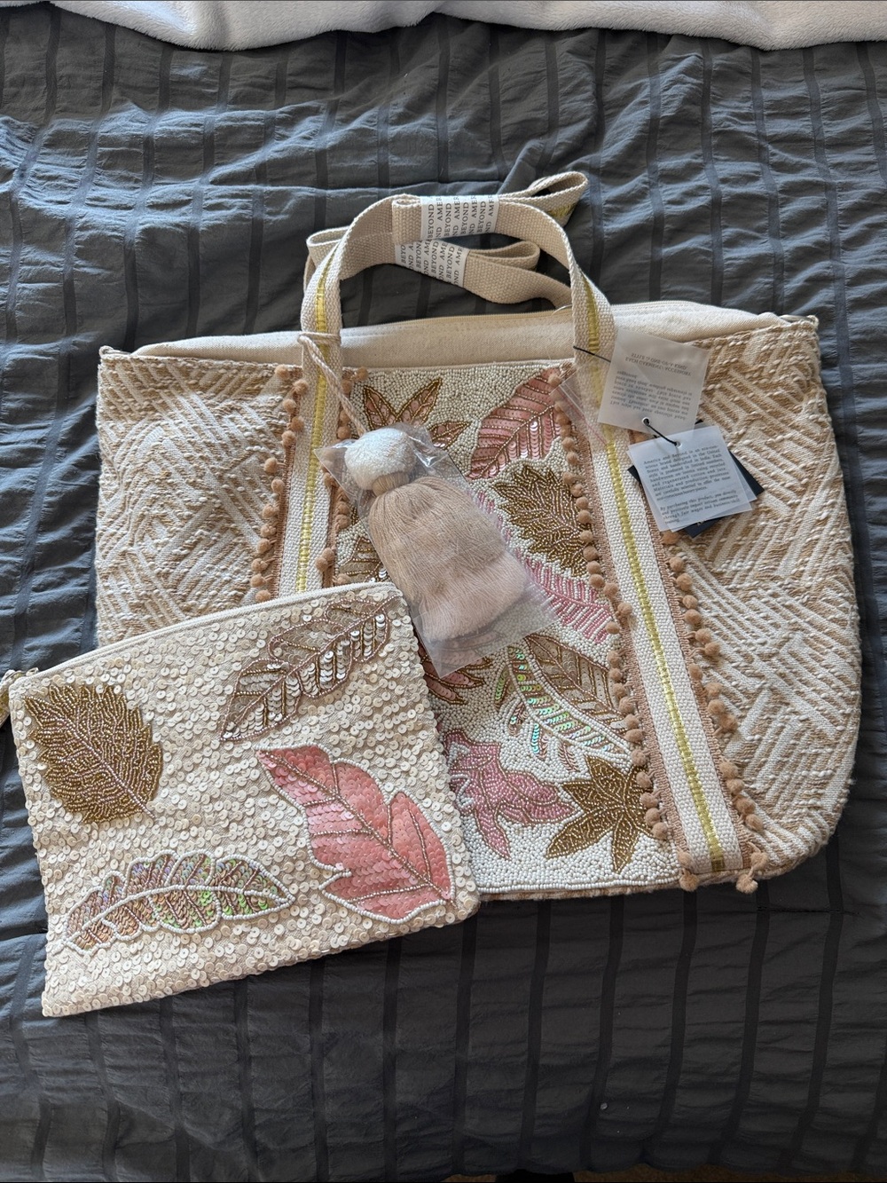 Beige Embroidered Leaf Tote with Matching Pouch - Neutral/Pink Accents